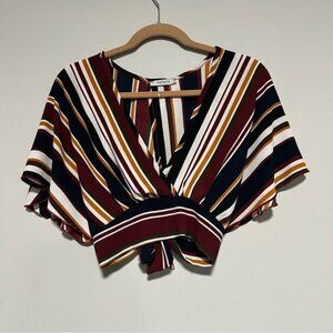 Papaya Women’s Sz M Multicolor Feaux Wrap Tie Kimono Sleeves V Neck Cropped Top